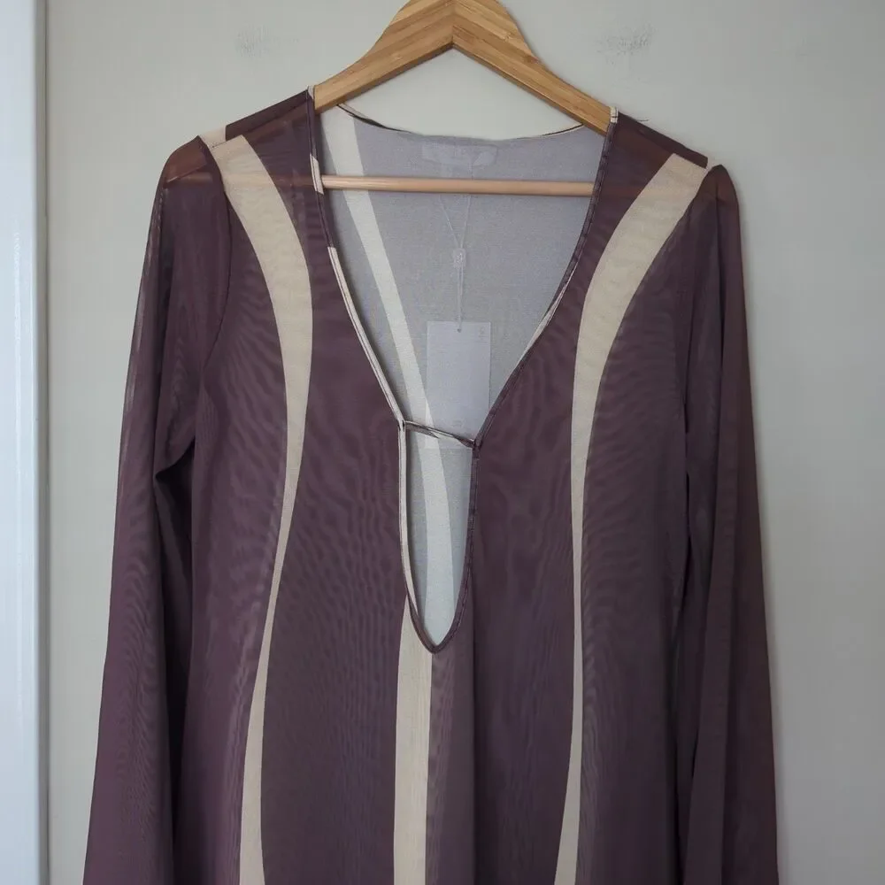 Caroline Constas Swim NWT Tan/Brown Mesh Sheer Cutout Maxi Coverup Dress Medium